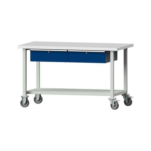 Arbeitstisch, Modell 165, KSP 40 mm, RAL 7035/RAL 5010, 890 x 1500 x 800 mm - Arbeitstisch 1500 mm fahrbar