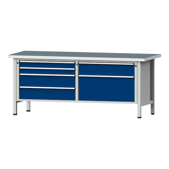 Box workbench VX 2000 mm, model 216, UBP 40 mm, RAL 7035/5010, 840x2000x800 mm - Cabinet workbench V - X 2000 mm 2 blocks