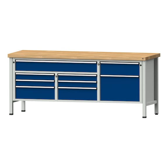 Box workbench 2000 4-part housing model 282 BMP 50 mm 7035/5010, 850 x 2000 x 700 - Cabinet workbench 3 blocks 2000 4-piece