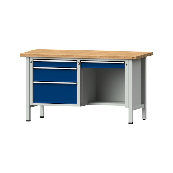 Kastenwerkbank V/T-BL 1500 mm, Modell 348 BMP 40 mm, RAL 7035/5010, 840x1500x700 - Kastenwerkbank V - BL 2 Blöcke Modelle 216 - 409