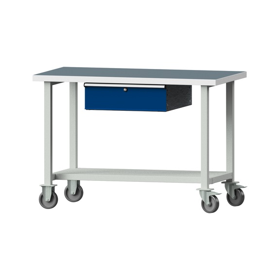 Arbeitstisch, Modell 43, UBP 40 mm, RAL 7035/RAL 5010, 890 x 1270 x 700 mm - Arbeitstisch 1270 mm fahrbar