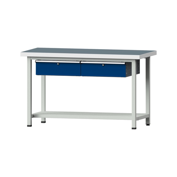 Arbeitstisch, Modell 155, UBP 50 mm, RAL 7035/RAL 5010, 900 x 1500 x 800 mm - Arbeitstisch 1500 mm statisch