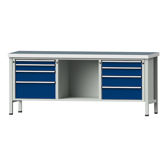 Box workbench V/T-BL 2000 mm, model 127 UBP 50 mm, RAL 7035/5010, 850x2000x700 - Cabinet workbench 3 blocks models 120 - 127