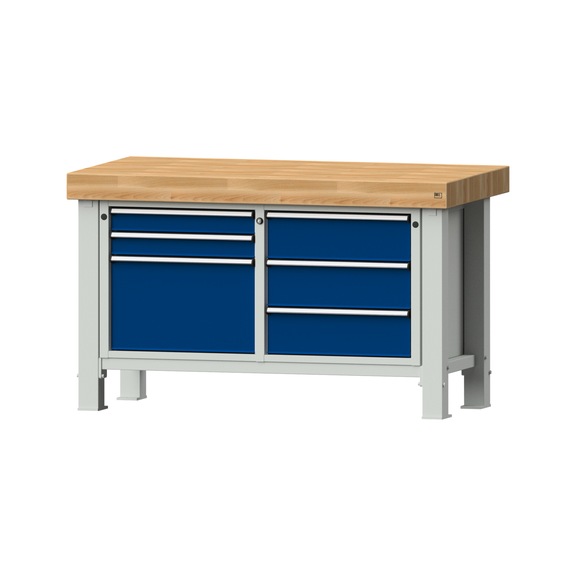 Schwerlastwerkbank VS/TS-BL 1500 mm, Modell 207, BMP 100 mm, RAL 7035/RAL 5010 - Schwerlastwerkbank