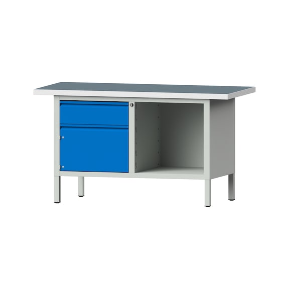 Box workbench E 1500 mm, model 109, UBP 40 mm, RAL 7035/RAL 5012 - Cabinet workbench E 2 blocks