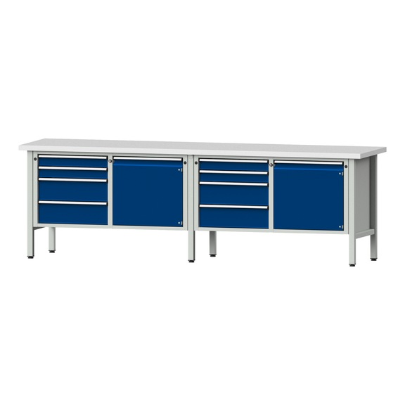 Box workbench V/T-BL 2800 mm, model 131 KSP 40 mm, RAL 7035/5010, 890x2800x700 - Cabinet workbench 4 blocks