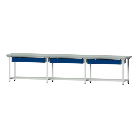 Arbeitstisch, Modell 105, ZBP 50 mm, RAL 7035/RAL 5010, 900 x 4050 x 700 mm - Arbeitstisch 4500 mm statisch
