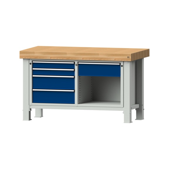 Schwerlastwerkbank VS/TS-BL 1500 mm, Modell 118, BMP 100 mm, RAL 7035/RAL 5010 - Schwerlastwerkbank