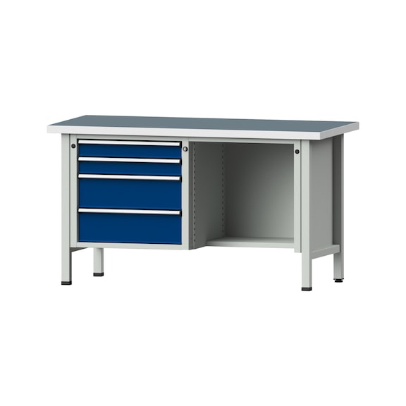 Box workbench V/T-BL 1500 mm, model 334 UBP 40 mm, RAL 7035/5010, 840x1500x700 - Cabinet workbench 2 blocks models 216 - 409