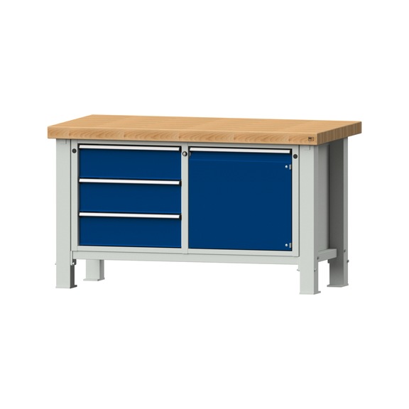 Schwerlastwerkbank VS/TS-BL 1500 mm, Modell 106, BMP 65 mm, RAL 7035/RAL 5010 - Schwerlastwerkbank