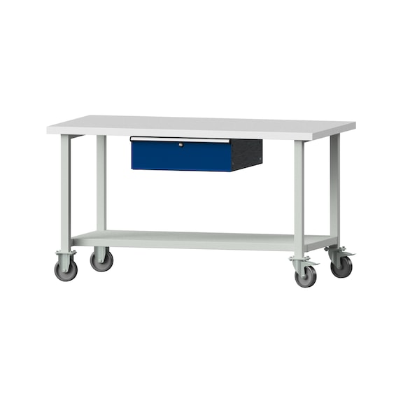 Arbeitstisch, Modell 163, KSP 40 mm, RAL 7035/RAL 5010, 840 x 1500 x 800 mm - Arbeitstisch 1500 mm fahrbar