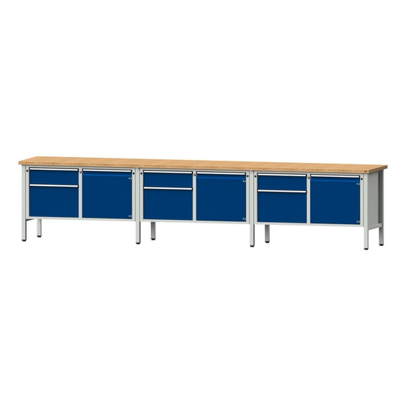 Box workbench V/T-BL 4050 mm, model 232 BMP 40 mm, RAL 7035/5010, 890x4050x700 - Cabinet workbench 6 blocks