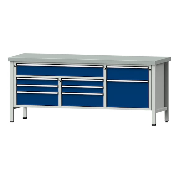 Box workbench 2000 4-part housing model 282 ZBP 50 mm 7035/5010, 850 x 2000 x 700 - Cabinet workbench 3 blocks 2000 4-piece