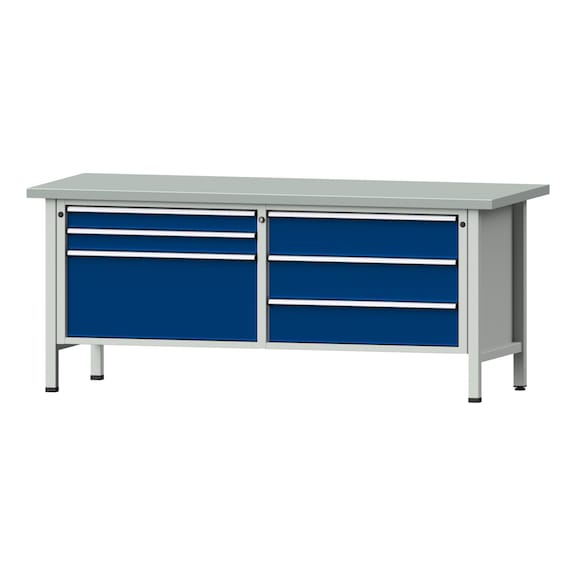 Box workbench VX 2000 mm, model 207, ZBP 40 mm, RAL 7035/5010, 840x2000x800 mm - Cabinet workbench V - X 2000 mm 2 blocks