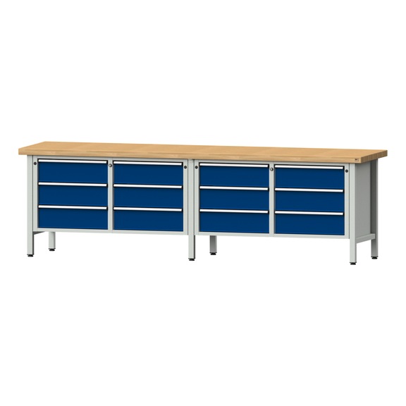 Box workbench V/T-BL 2800 mm, model 108 BMP 50 mm, RAL 7035/5010, 850x2800x700 - Cabinet workbench 4 blocks