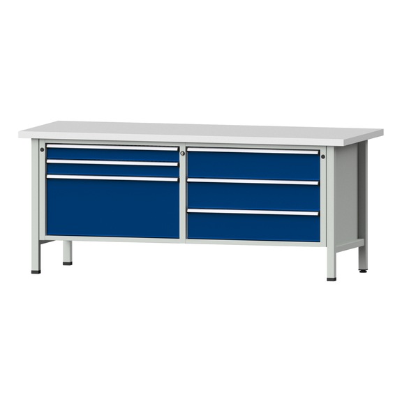 Box workbench VX 2000 mm, model 207, KSP 40 mm, RAL 7035/5010, 840x2000x800 mm - Cabinet workbench V - X 2000 mm 2 blocks