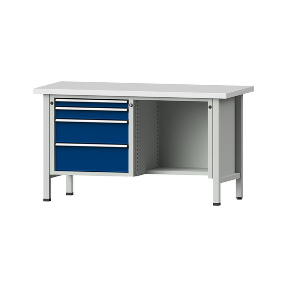 Box workbench V/T-BL 1500 mm, model 341 KSP 40 mm, RAL 7035/5010, 840x1500x700 - Cabinet workbench 2 blocks models 216 - 409