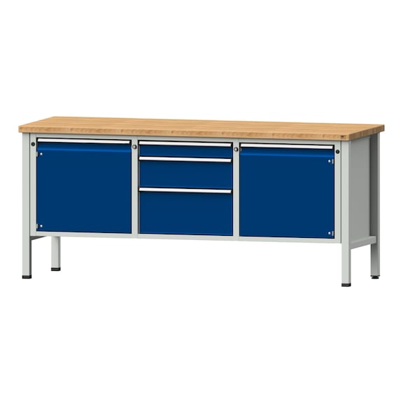 Box workbench V/T-BL 2000 mm, model 126 BMP 40 mm, RAL 7035/5010, 890x2000x700 - Cabinet workbench 3 blocks models 120 - 127