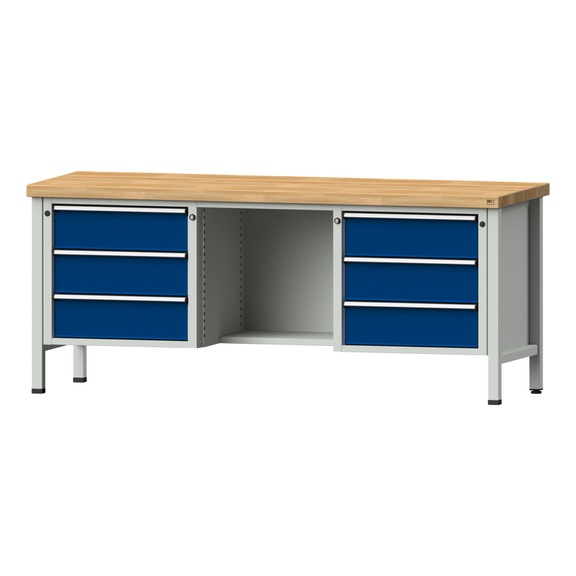 Box workbench V/T-BL 2000 mm, model 320 BMP 40 mm, RAL 7035/5010, 840x2000x700 - Cabinet workbench 3 blocks models 146 - 419