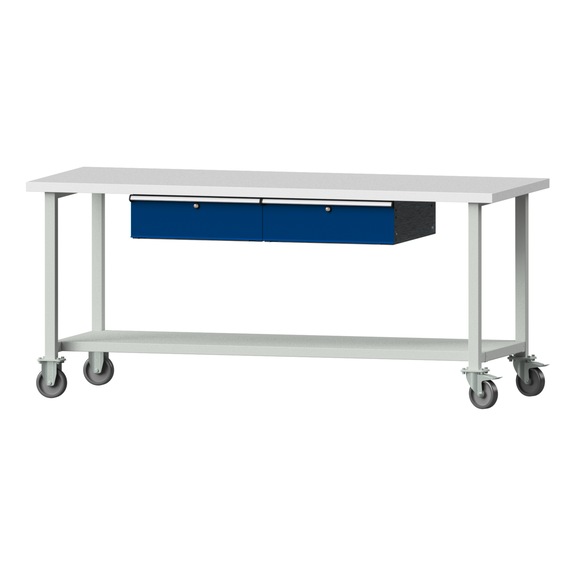 Arbeitstisch, Modell 185, KSP 40 mm, RAL 7035/RAL 5010, 890 x 2000 x 800 mm - Arbeitstisch 2000 mm fahrbar