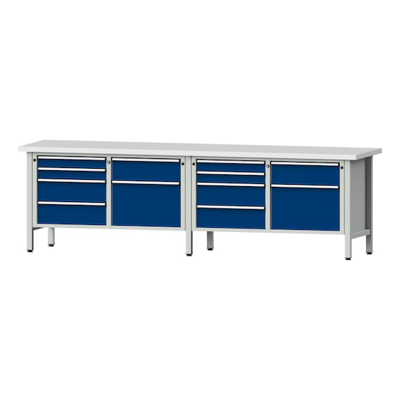 Box workbench V/T-BL 2800 mm, model 216 KSP 40 mm, RAL 7035/5010, 840x2800x700 - Cabinet workbench 4 blocks