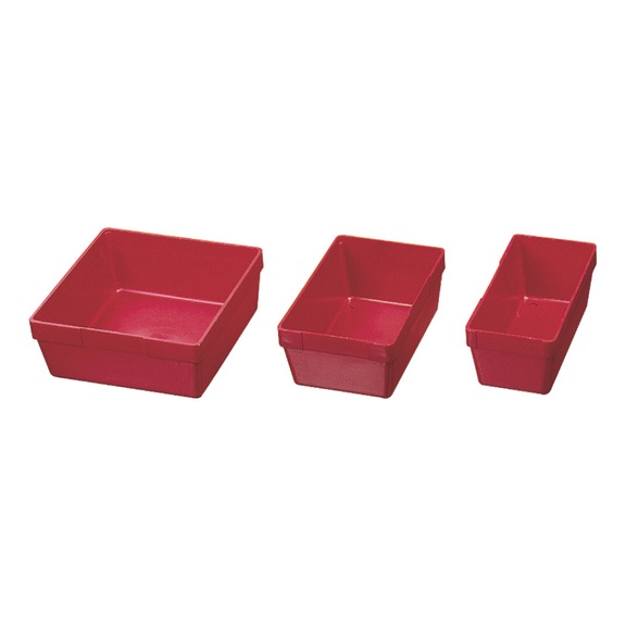 Small parts box made of red PS, 150 x 150 x 38 mm (width x depth x height) - Drawer organ. Material (workshop equipment, parts)