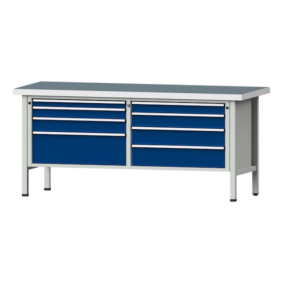 Box workbench VX 2000 mm, model 144, UBP 50 mm, RAL 7035/5010, 900x2000x800 mm - Cabinet workbench V - X 2000 mm 2 blocks