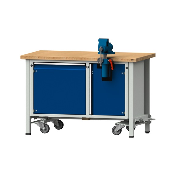 Assembly workbench V/T-BL, model 700, BMP 40 mm, RAL 7035/5010, 840x1270x700 mm - Assembly workbench roller base