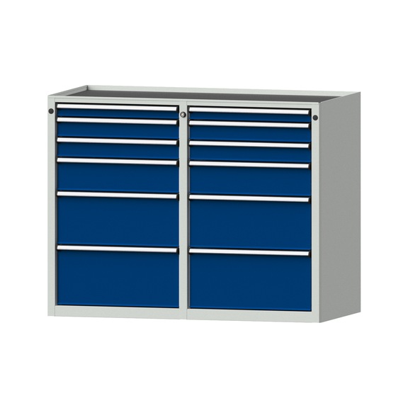 Side cabinet 2xBL, model 506, storage tray, RAL 7035/RAL 5010, height 980 mm - Workshop cupboard