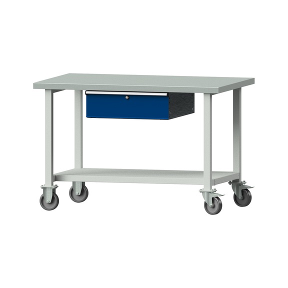Arbeitstisch, Modell 143, ZBP 40 mm, RAL 7035/RAL 5010, 840 x 1270 x 800 mm - Arbeitstisch 1270 mm fahrbar