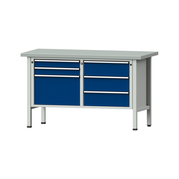 Box workbench V/T-BL 1500 mm, model 207 ZBP 40 mm, RAL 7035/5010, 890x1500x700 - Cabinet workbench 2 blocks models 103 - 209