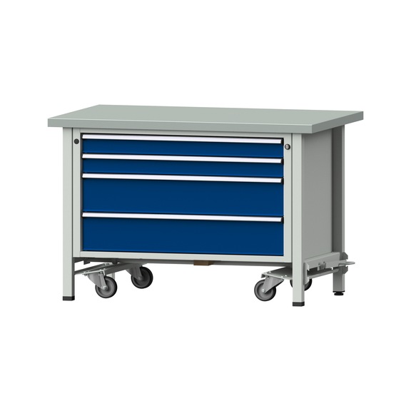 Box workbench VX 1270 mm, model 21, ZBP 40 mm, RAL 7035/5010, 840x1270x800 mm - Assembly workbench roller base