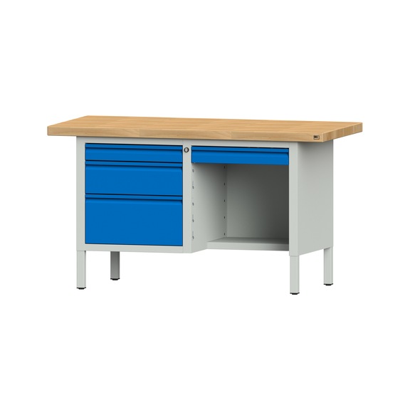 Box workbench E 1500 mm, model 348, BMP 50 mm, RAL 7035/RAL 5012 - Cabinet workbench E 2 blocks