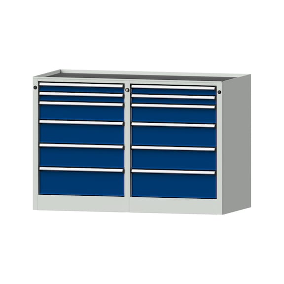 Side cabinet 2xBL, model 205, storage tray, RAL 7035/RAL 5010, height 850 mm - Workshop cupboard