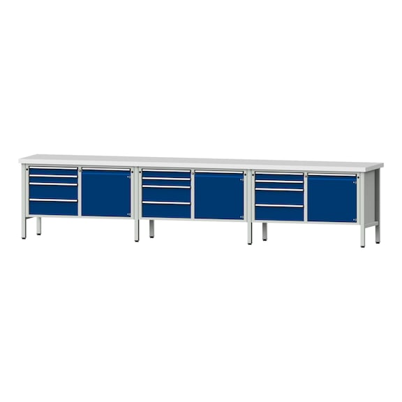 Box workbench V/T-BL 4050 mm, model 131 KSP 50 mm, RAL 7035/5010, 900x4050x700 - Cabinet workbench 6 blocks
