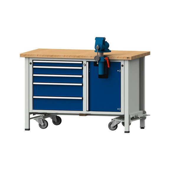 Assembly workbench V/T-BL, model 703, BMP 40 mm, RAL 7035/5010, 840x1270x700 mm - Assembly workbench roller base