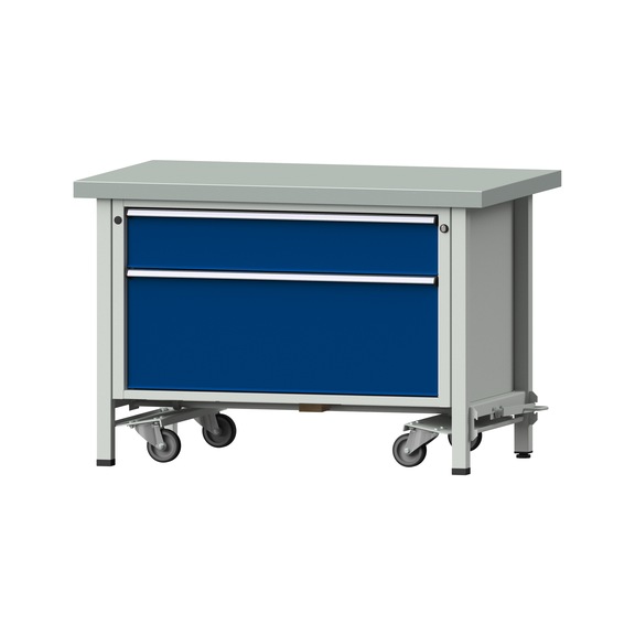 Box workbench VX 1270 mm, model 15, ZBP 50 mm, RAL 7035/5010, 850x1270x800 mm - Assembly workbench roller base