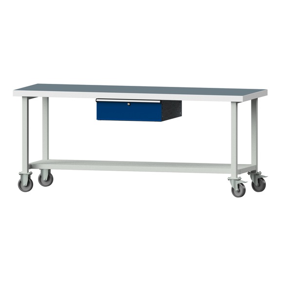 Arbeitstisch, Modell 83, UBP 50 mm, RAL 7035/RAL 5010, 850 x 2000 x 700 mm - Arbeitstisch 2000 mm fahrbar