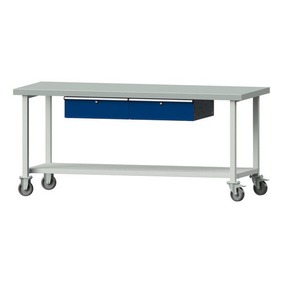 Arbeitstisch, Modell 185, ZBP 50 mm, RAL 7035/RAL 5010, 900 x 2000 x 800 mm - Arbeitstisch 2000 mm fahrbar
