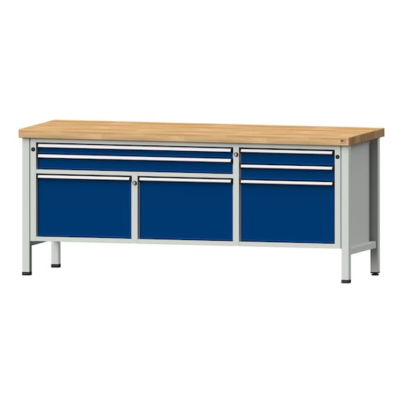 Box workbench 2000 4-part housing model 281 BMP 50 mm 7035/5010, 850 x 2000 x 700 - Cabinet workbench 3 blocks 2000 4-piece