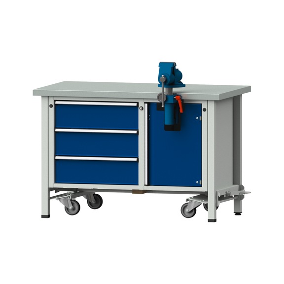 Assembly workbench V/T-BL, model 706, ZBP 40 mm, RAL 7035/5010, 840x1270x700 mm - Assembly workbench roller base