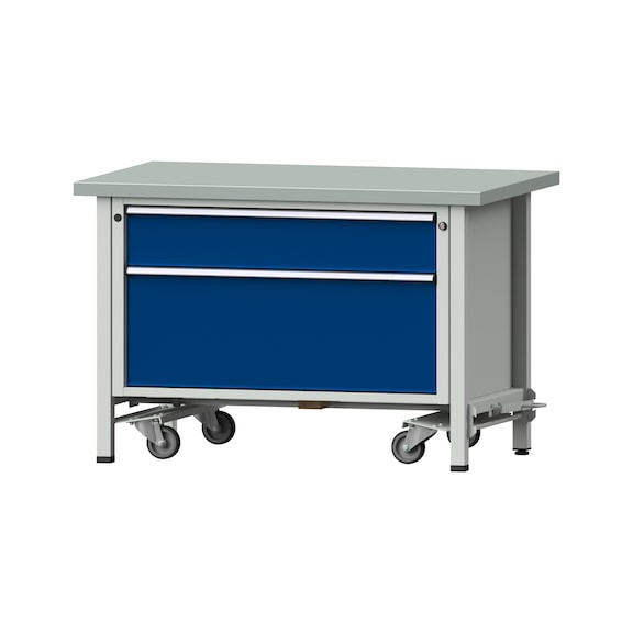 Box workbench VX 1270 mm, model 15, ZBP 40 mm, RAL 7035/5010, 840x1270x800 mm - Assembly workbench roller base