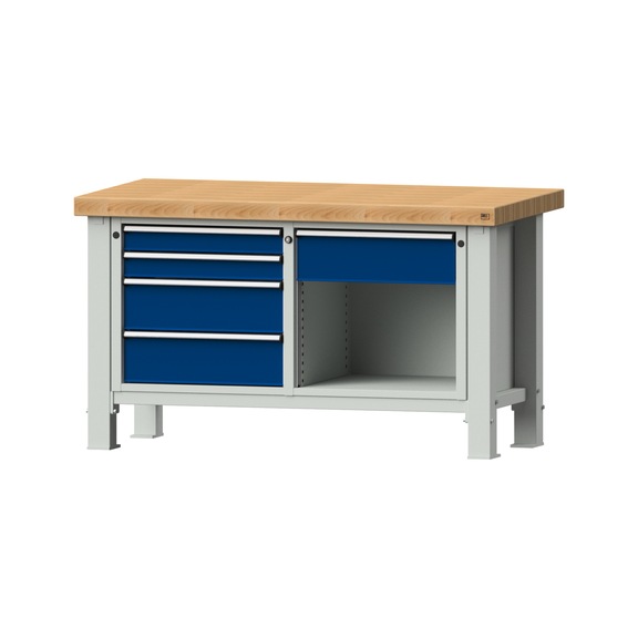 Schwerlastwerkbank VS/TS-BL 1500 mm, Modell 118, BMP 65 mm, RAL 7035/RAL 5010 - Schwerlastwerkbank