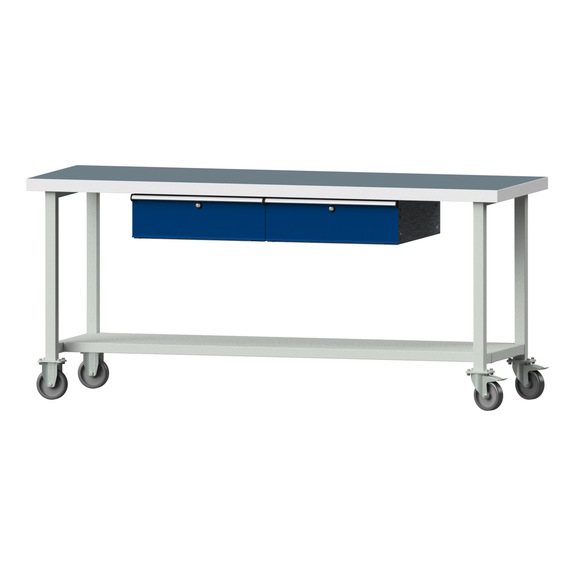 Arbeitstisch, Modell 85, UBP 50 mm, RAL 7035/RAL 5010, 900 x 2000 x 700 mm - Arbeitstisch 2000 mm fahrbar