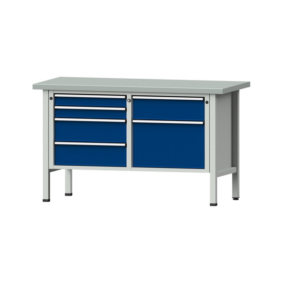 Box workbench V/T-BL 1500 mm, model 216 ZBP 40 mm, RAL 7035/5010, 890x1500x700 - Cabinet workbench 2 blocks models 216 - 409
