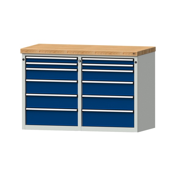 Beistellschrank 2xBL, Modell 205, BMP 50 mm, RAL 7035/RAL 5010, Höhe 850 mm - Werkstattschrank