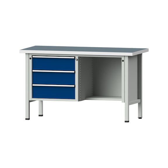 Box workbench V/T-BL 1500 mm, model 303 UBP 40 mm, RAL 7035/5010, 890x1500x700 - Cabinet workbench 2 blocks models 216 - 409