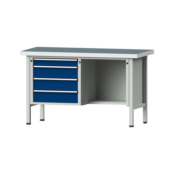 Box workbench V/T-BL 1500 mm, model 349 UBP 50 mm, RAL 7035/5010, 900x1500x700 - Cabinet workbench 2 blocks models 216 - 409