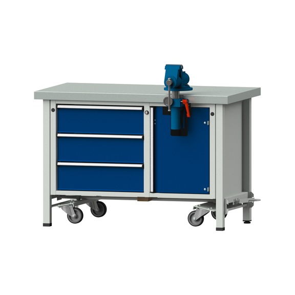 Montagewerkbank V/T-BL, Modell 706, ZBP 50 mm, RAL 7035/5010, 850x1270x700 mm - Montagewerkbank V - BL Fahreinrichtung