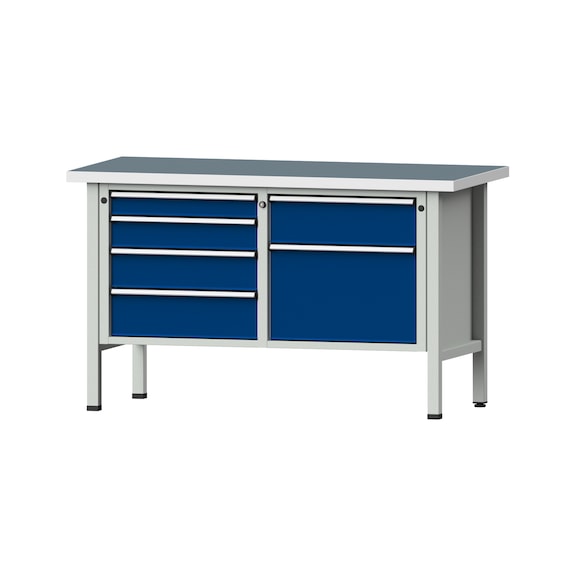 Box workbench V/T-BL 1500 mm, model 237 UBP 40 mm, RAL 7035/5010, 890x1500x700 - Cabinet workbench 2 blocks models 216 - 409